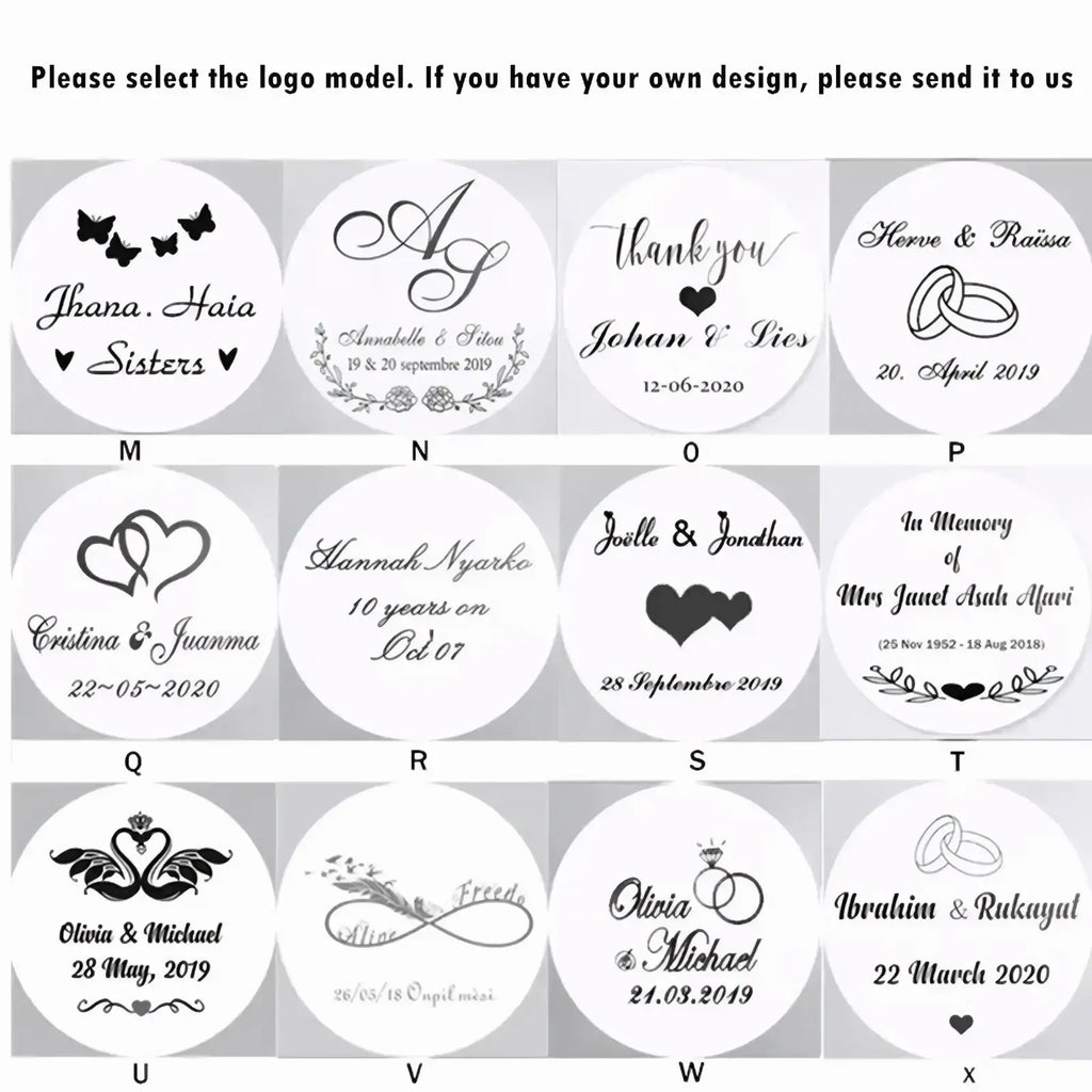 Customizable black-and-white circular wedding or memorial stickers with elegant script for heart bottle opener favors