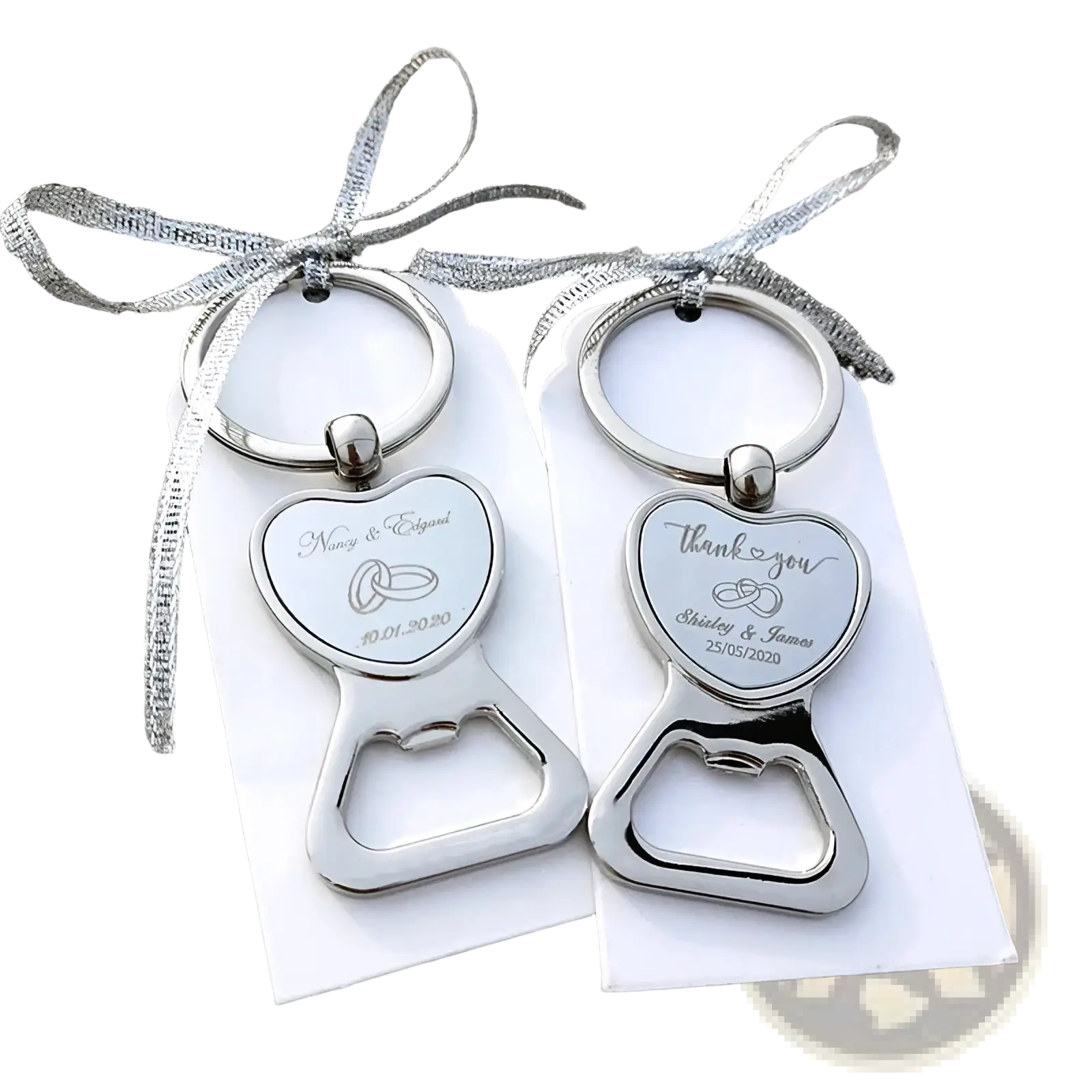 Silver heart-shaped metal bottle openers engraved with wedding details and rings attached to keychains as favors