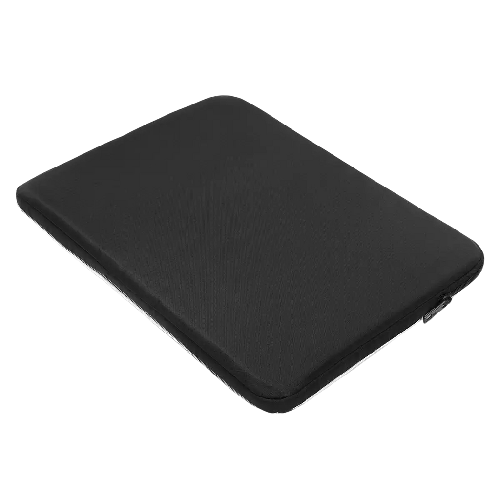 Customized laptop sleeve in black polyester with smooth padded exterior and silver zipper trim for multilingual text case