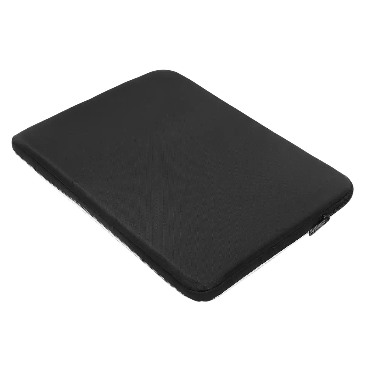 Customized laptop sleeve in black polyester with smooth padded exterior and silver zipper trim for multilingual text case