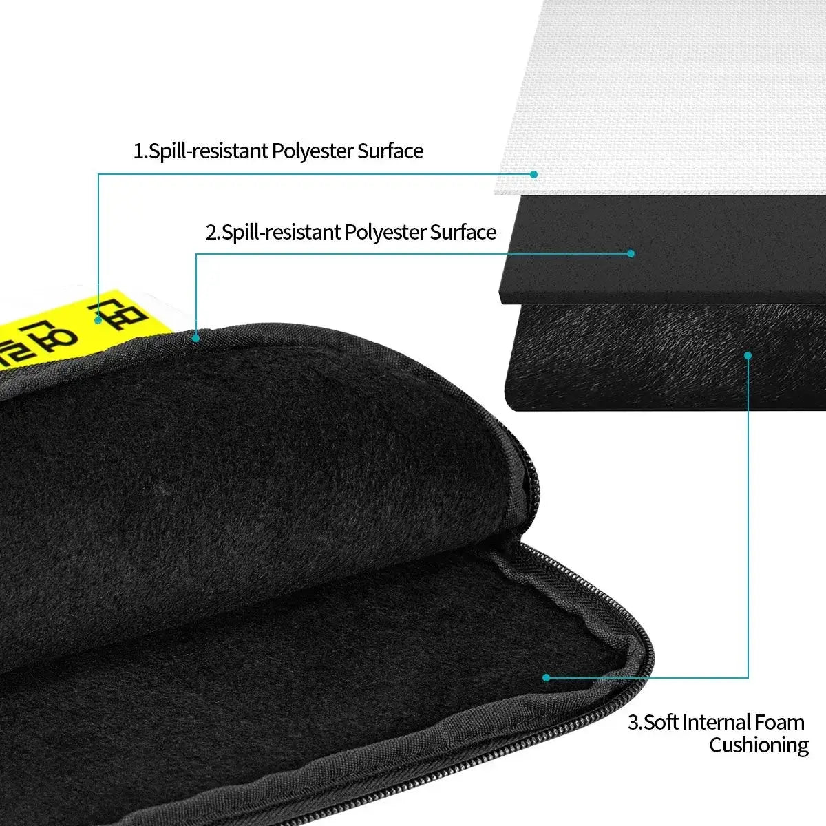 Black spill-resistant polyester laptop sleeve with soft internal foam cushioning for customized multilingual text cases