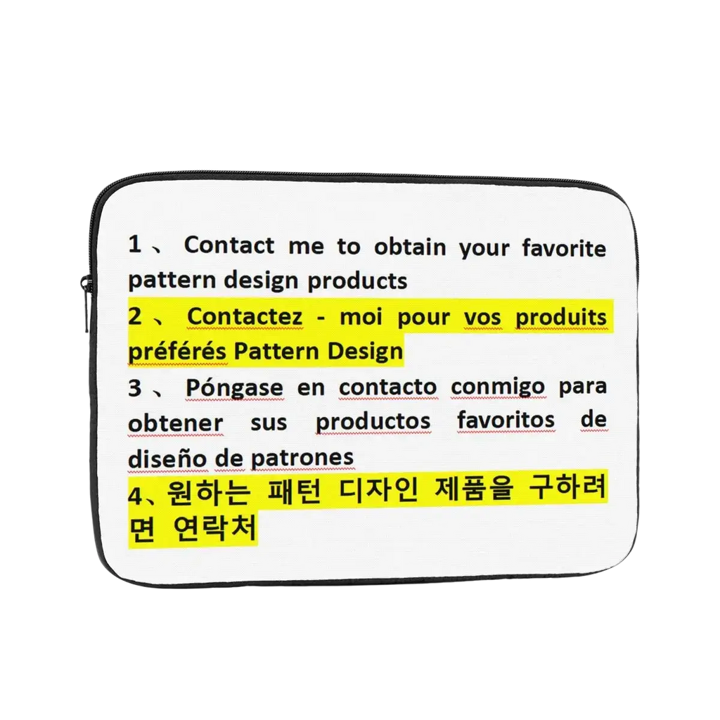 White polyester laptop sleeve with black zipper and trim featuring multilingual text printed on the surface