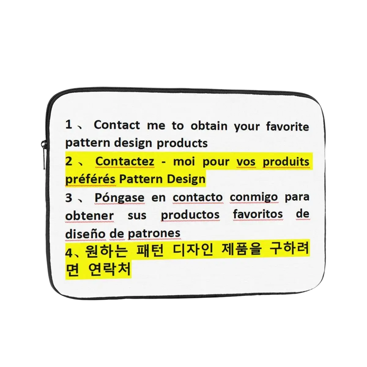 White polyester laptop sleeve with black zipper and trim featuring multilingual text printed on the surface