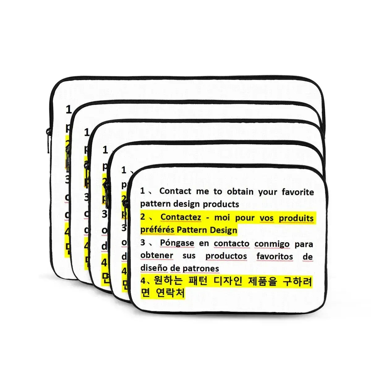 Customized white polyester laptop sleeve with black trim and multilingual text design featuring yellow highlights