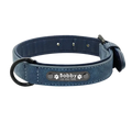 Navy blue faux leather dog collar with black metal buckle and customization information nameplate featuring bobby