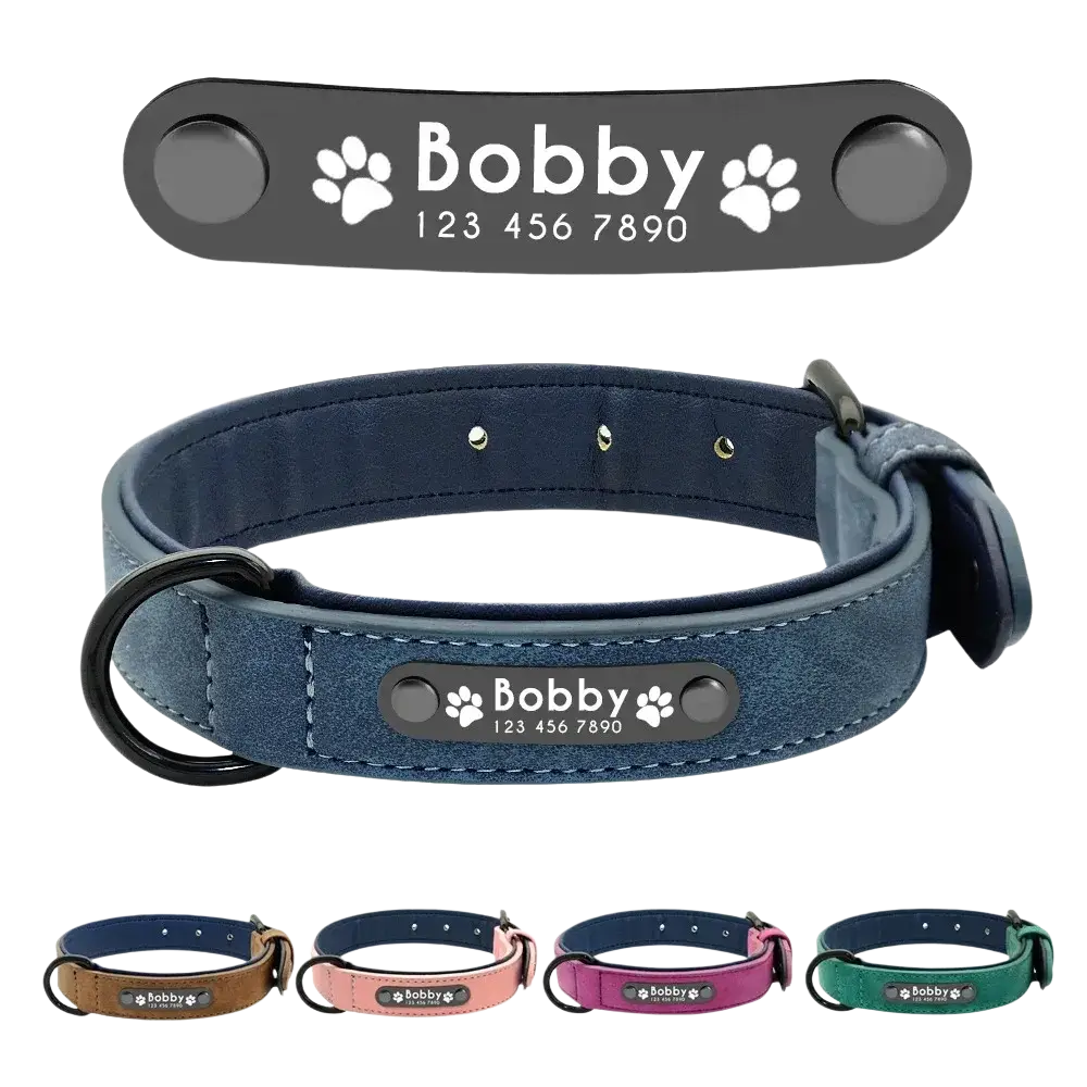 Navy blue faux leather dog collar with black engraved metal nameplate featuring customization information