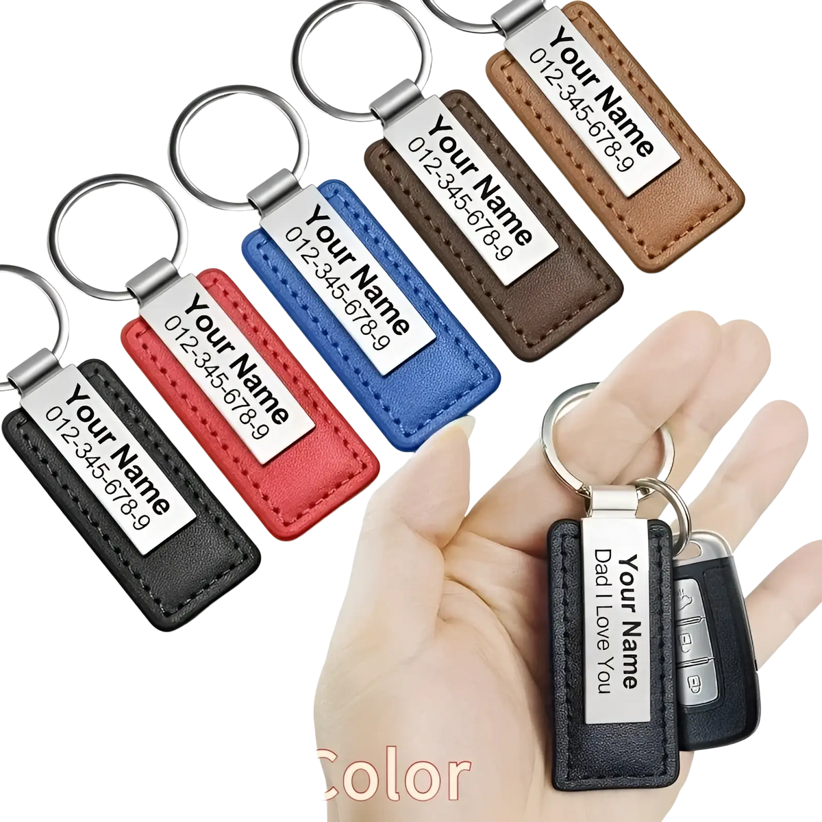 Personalized rectangular leather key fob in black brown red or blue with stitched edges and engraved silver id tag