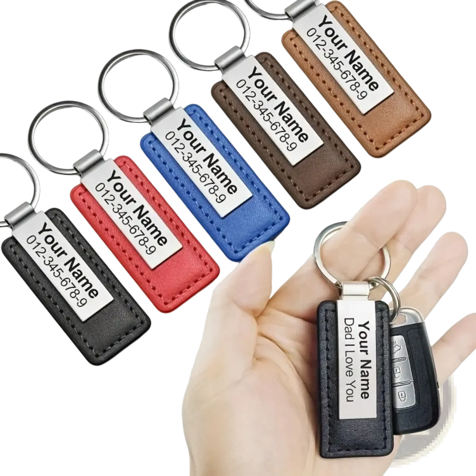 Customized black leather keychain with engraved silver stainless steel id tag saying dad i love you and a phone number