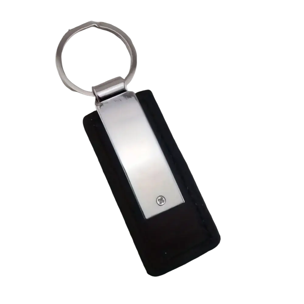 Customized black leather keychain with engraved silver stainless steel id tag and metal ring for keys