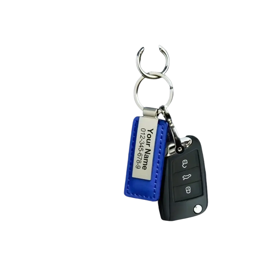 Customized blue leather keychain with engraved silver stainless steel id tag displaying your name and phone number