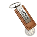 Customized leather keychain in brown with an engraved stainless steel id tag displaying name and phone number