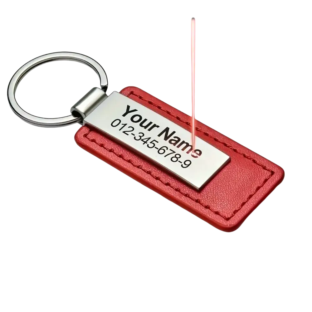 Red leather customized keychain with engraved silver stainless steel id tag for personalization