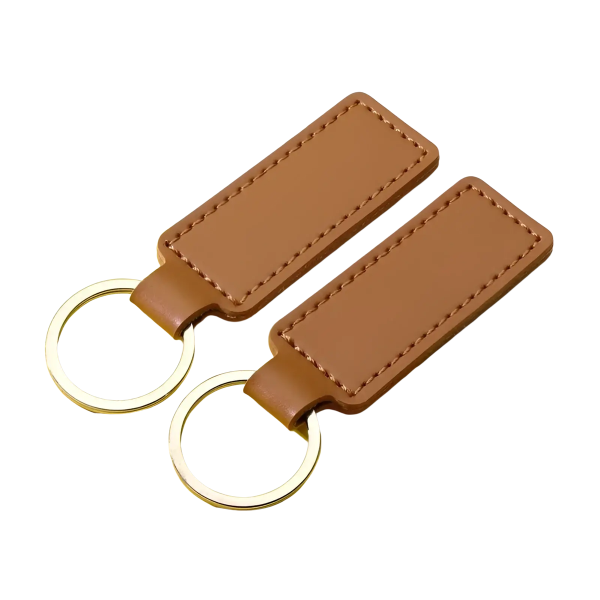 Customized leather keychain set featuring brown leather keychains with stitched edges and silver metal rings