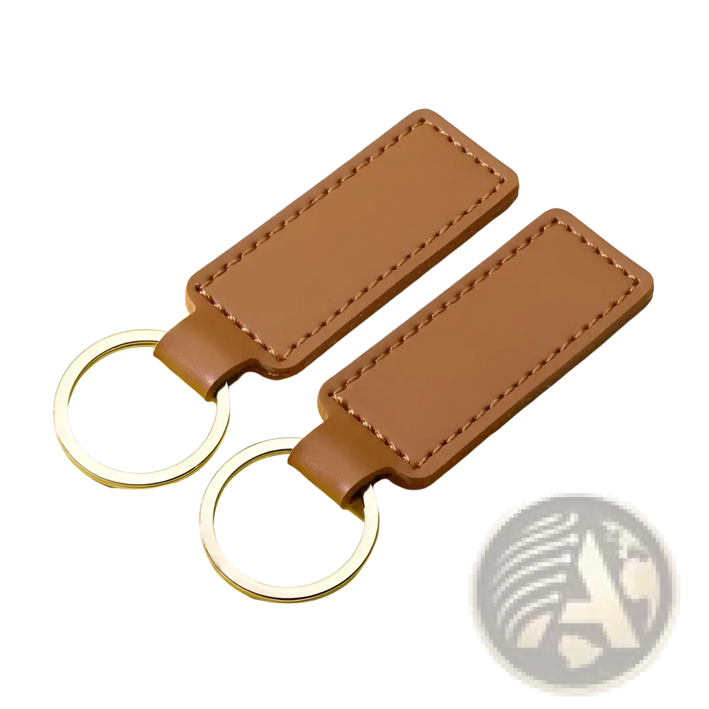 Customized leather keychain set featuring brown leather keychains with stitched edges and silver metal rings