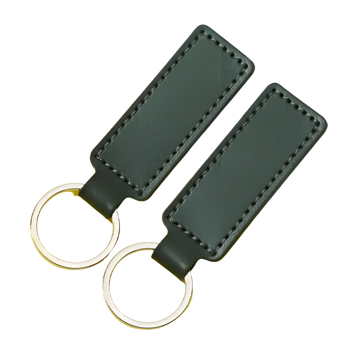 Dark green rectangular leather keychains with silver-toned metal rings for customized leather keychain set
