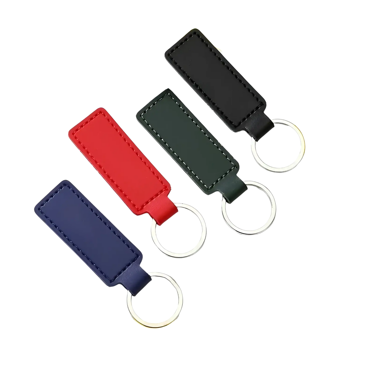 Customized leather keychain set of four rectangular keychains in black red green and navy blue with stitched edges and metal rings
