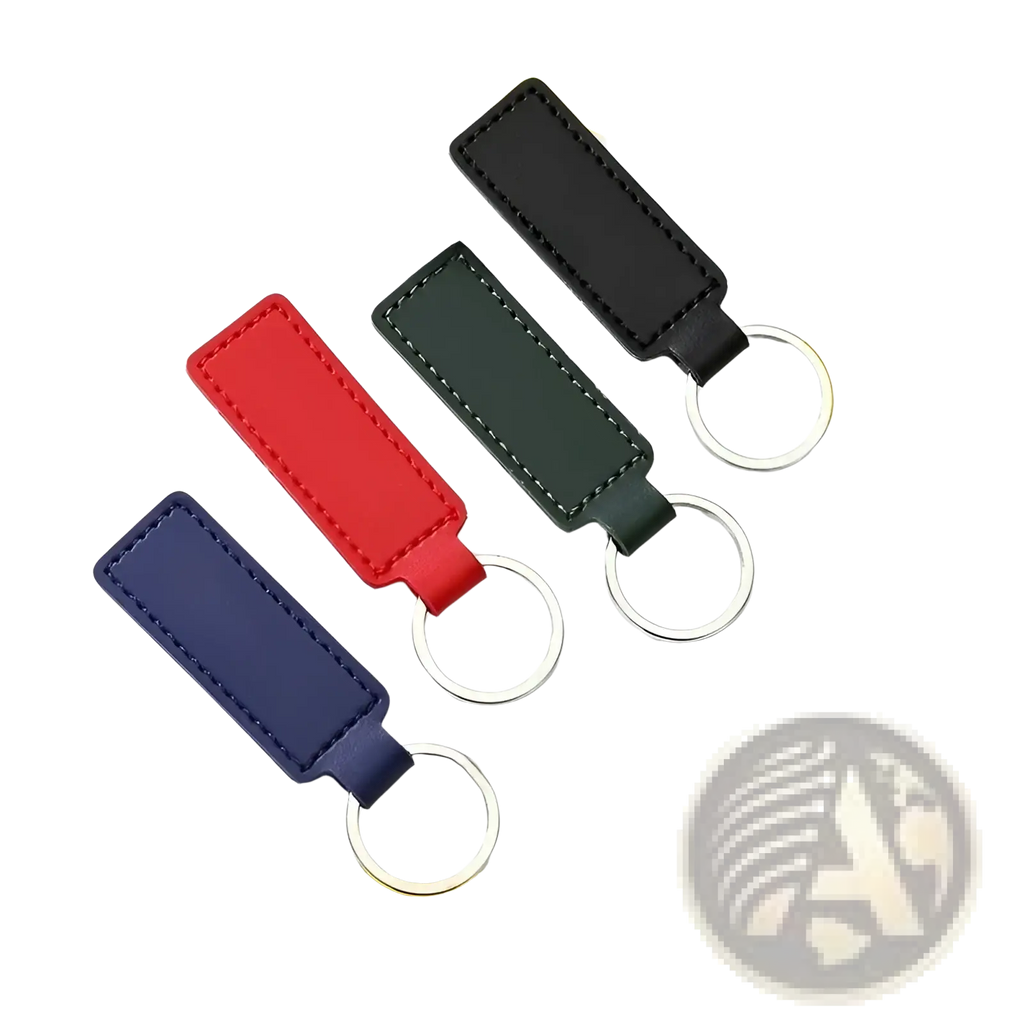Customized leather keychain set of four rectangular keychains in black red green and navy blue with stitched edges and metal rings