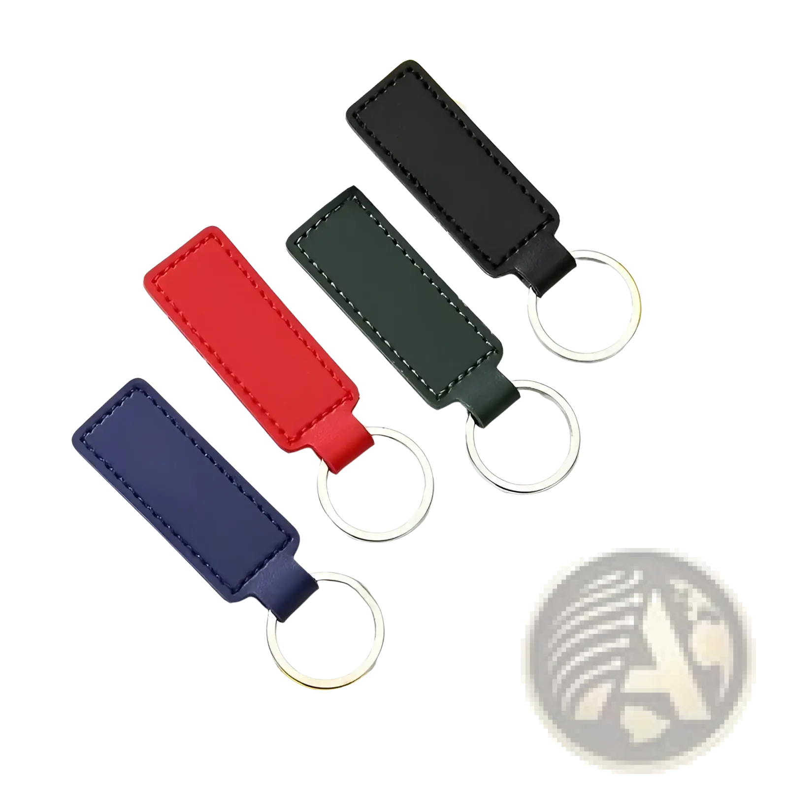 Customized leather keychain set of four rectangular keychains in black red green and navy blue with stitched edges and metal rings