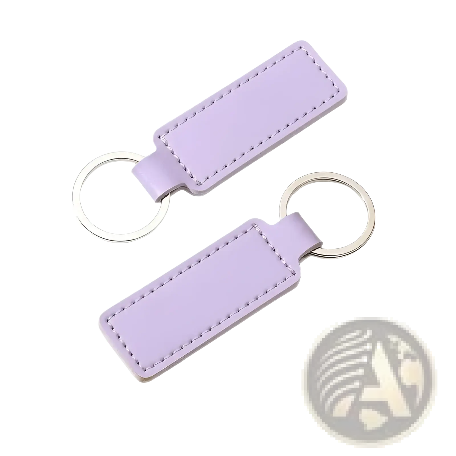 Customized leather keychain set featuring a lavender leather key fob with stitched edges and silver-toned metal ring