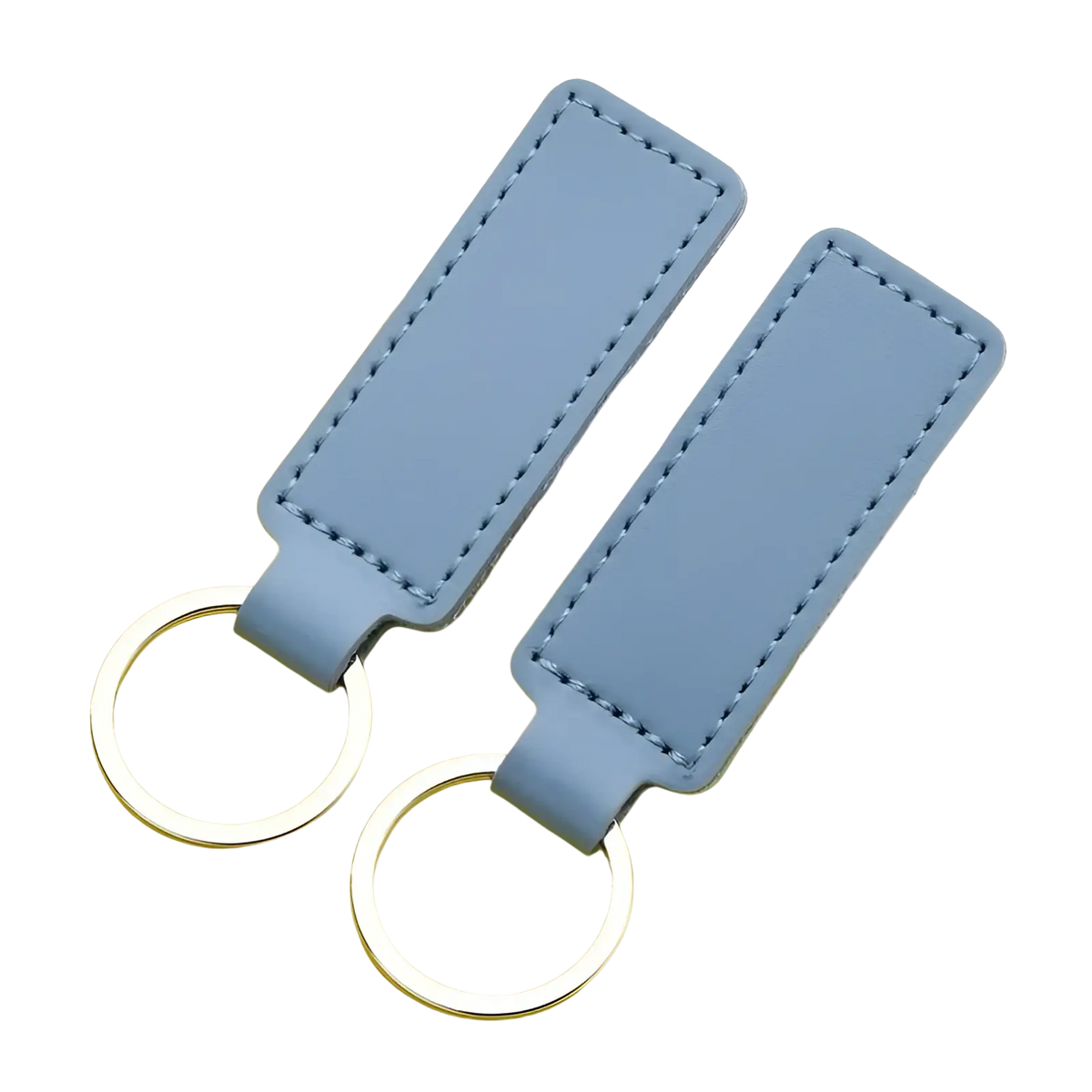 Light blue rectangular leather keychains with silver metal rings in a customized leather keychain set