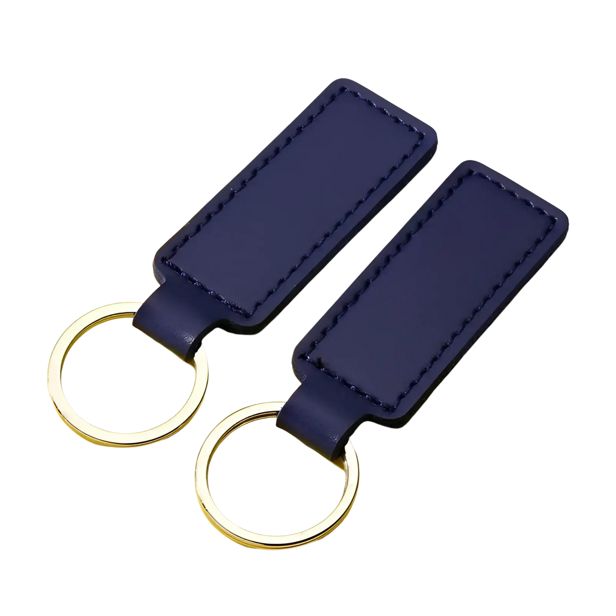 Navy blue rectangular leather key fobs with silver metal rings in a customized leather keychain set