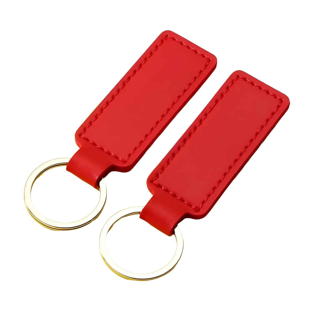 Red rectangular leather keychains with silver metal rings from a customized leather keychain set