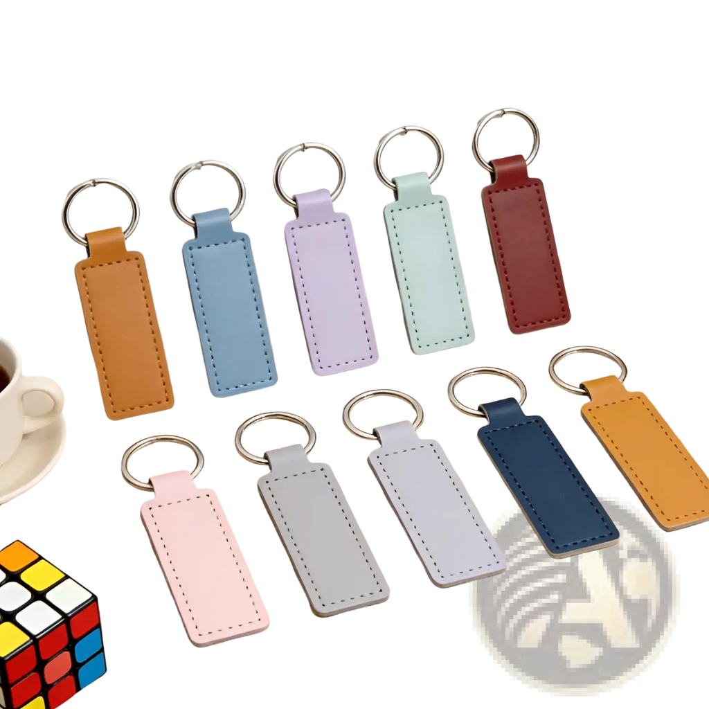 Set of ten pastel-colored rectangular leather keychains with stitched edges and silver metal rings for customization
