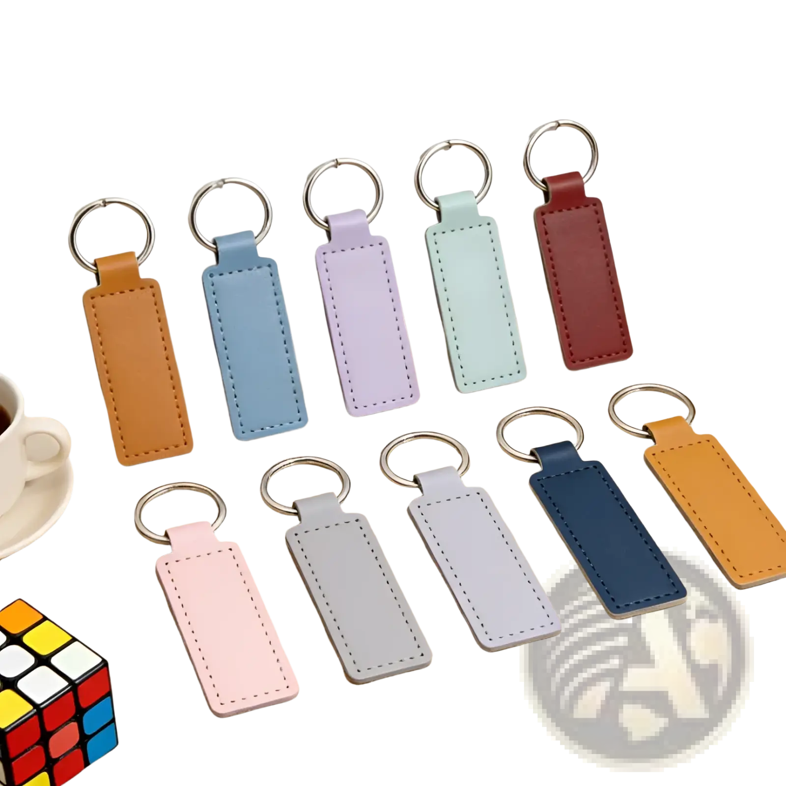 Set of ten pastel-colored rectangular leather keychains with stitched edges and silver metal rings for customization