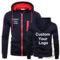 Customized men’s navy blue zip up hoodie with red inner lining and zipper accents featuring front and back logo printing