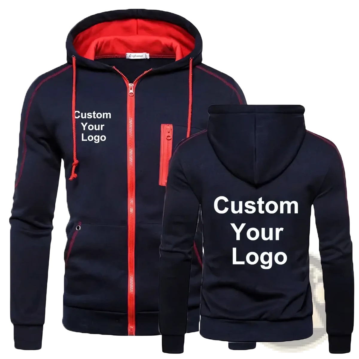 Customized men’s navy blue zip up hoodie with red inner lining and zipper accents featuring front and back logo printing