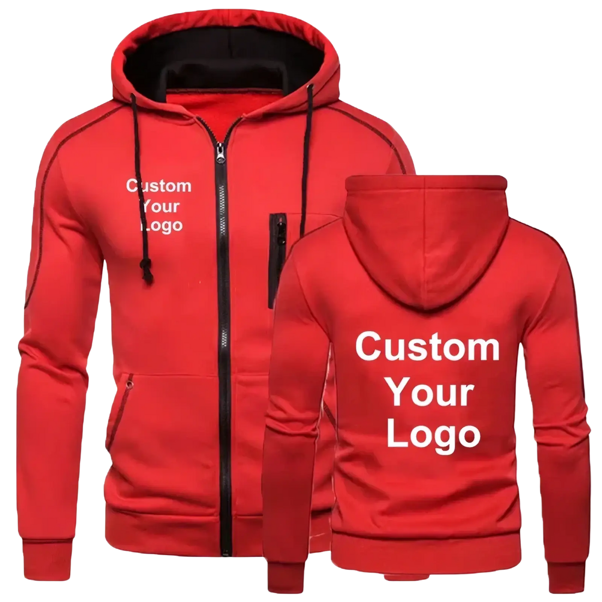 Customized men’s zip up hoodie in red with black trim featuring a customizable logo area for personalized design