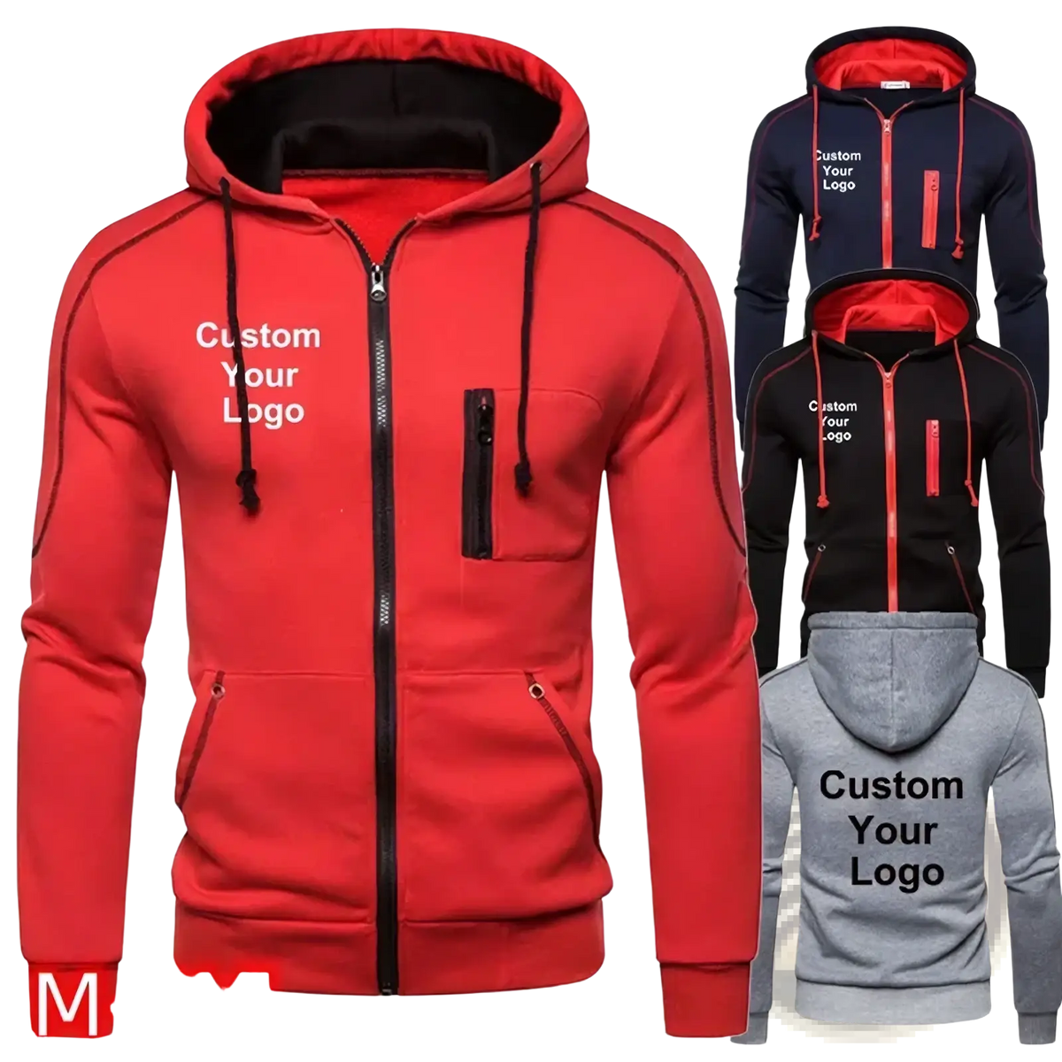Customized men’s zip up hoodie in red with black trim and drawstrings featuring customizable logo printing on the chest