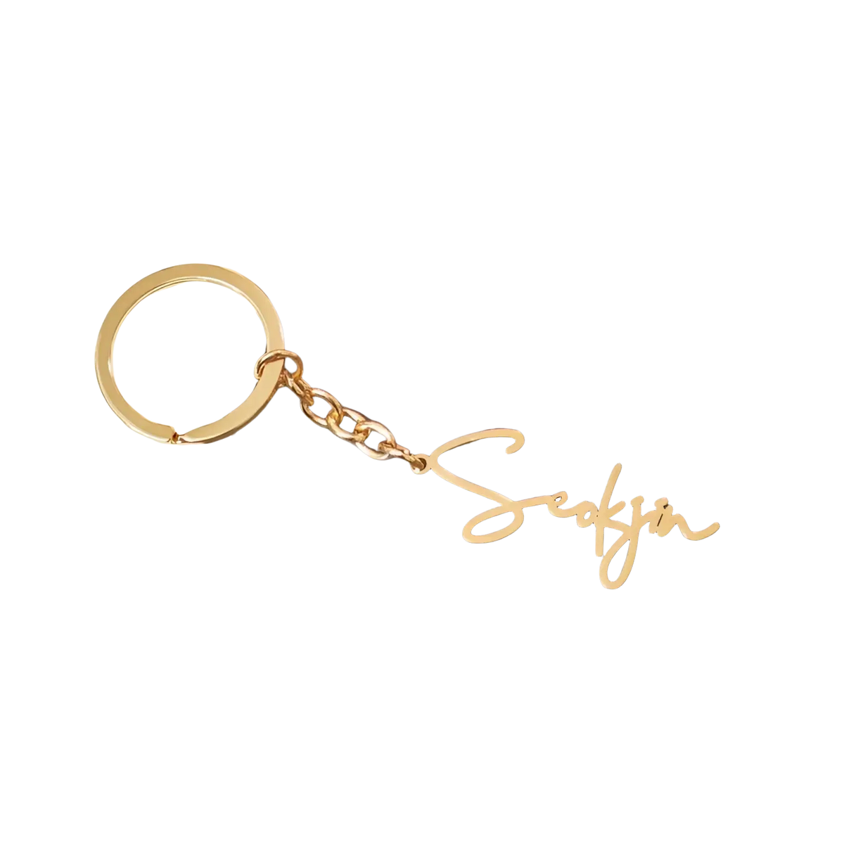 Gold-colored metal customized name keychain featuring seokjin in elegant cursive script for personalized use