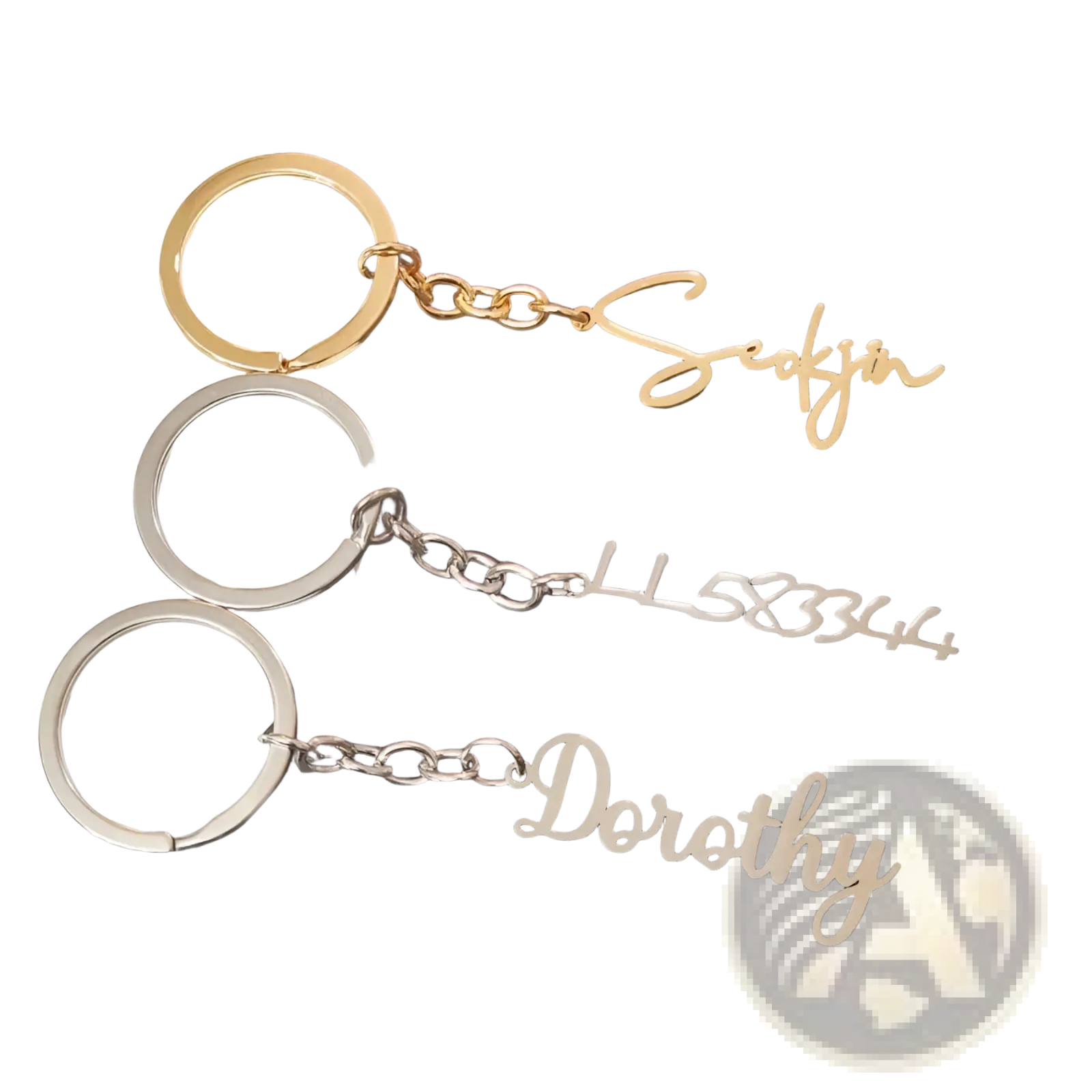 Customized name keychain set featuring gold and silver metal keychains with elegant cursive personalized lettering