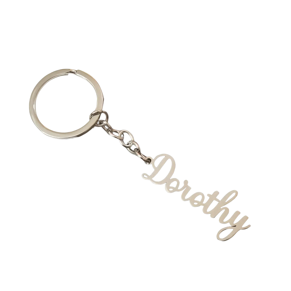 Silver metallic customized name keychain set featuring a dorothy engraving in cursive attached to a circular ring