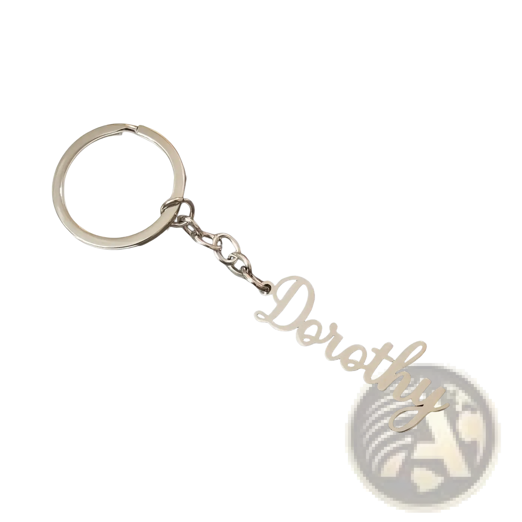 Silver metallic customized name keychain set featuring a dorothy engraving in cursive attached to a circular ring