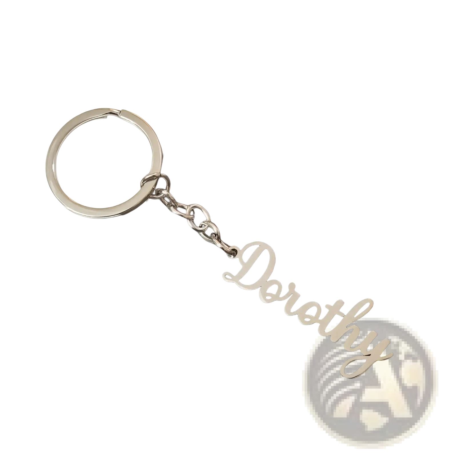Silver metallic customized name keychain set featuring a dorothy engraving in cursive attached to a circular ring