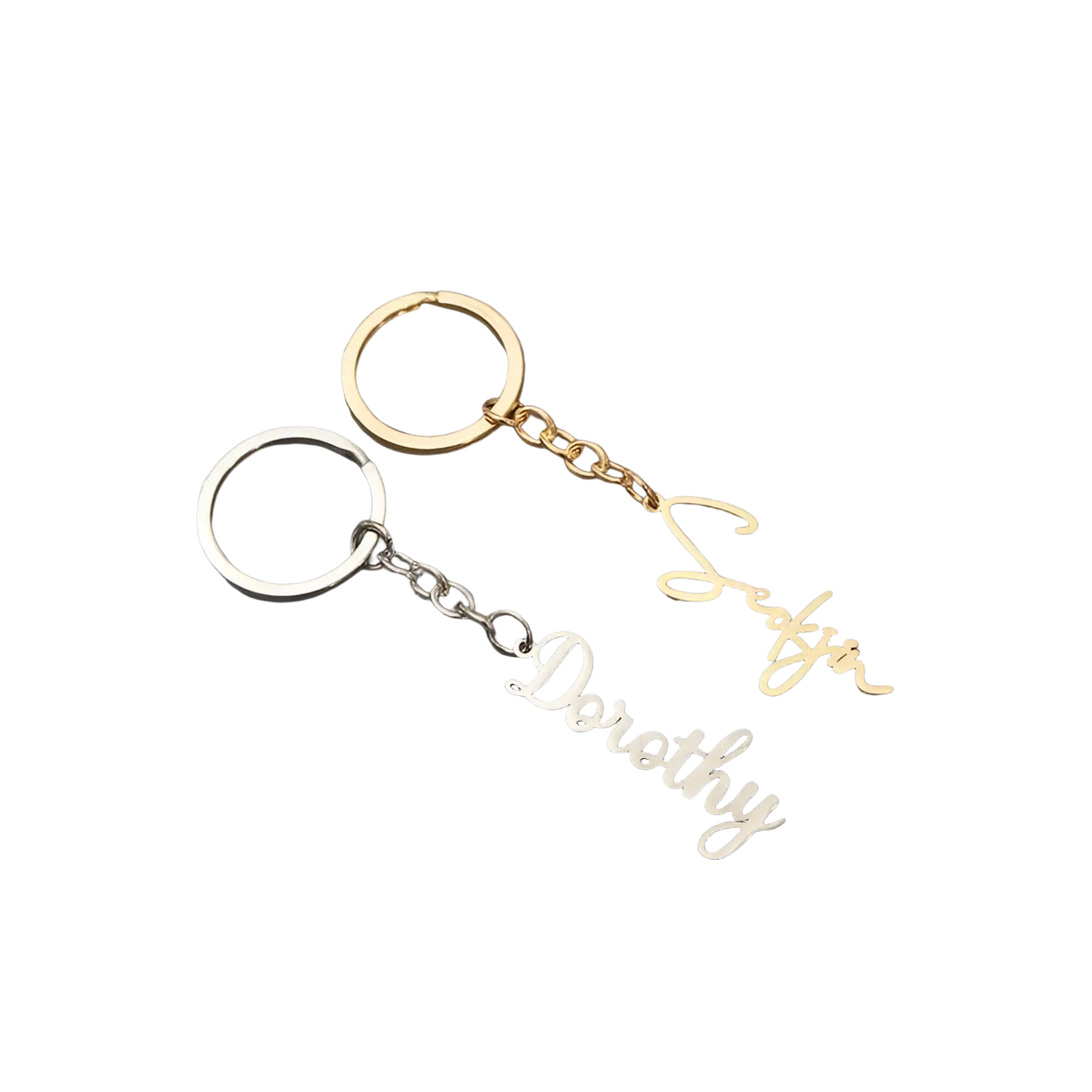 Customized name keychain set featuring two metallic silver and gold keychains with cursive names and chain link rings