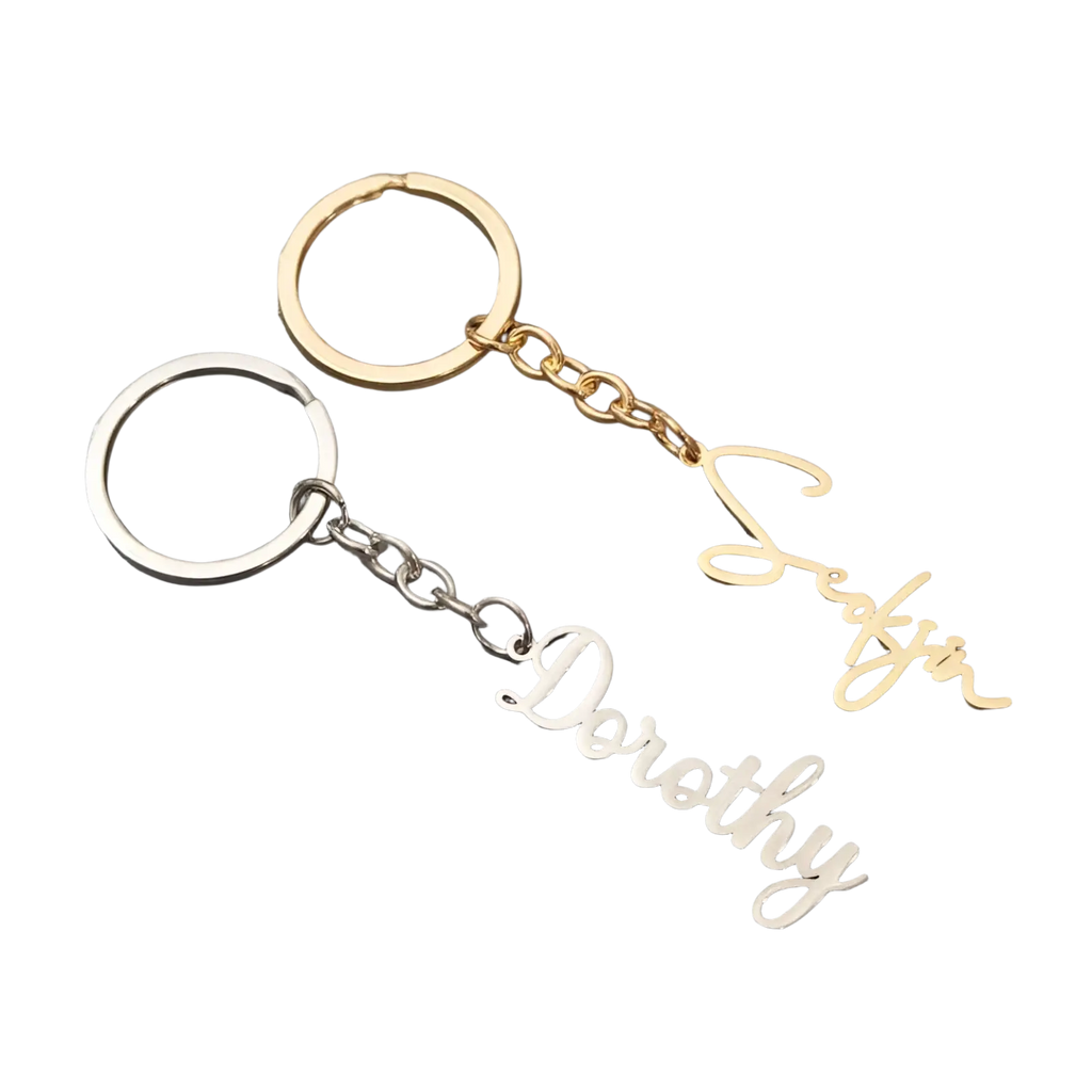 Customized name keychain set with silver dorothy and gold seafir personalized cursive metal charms on chains