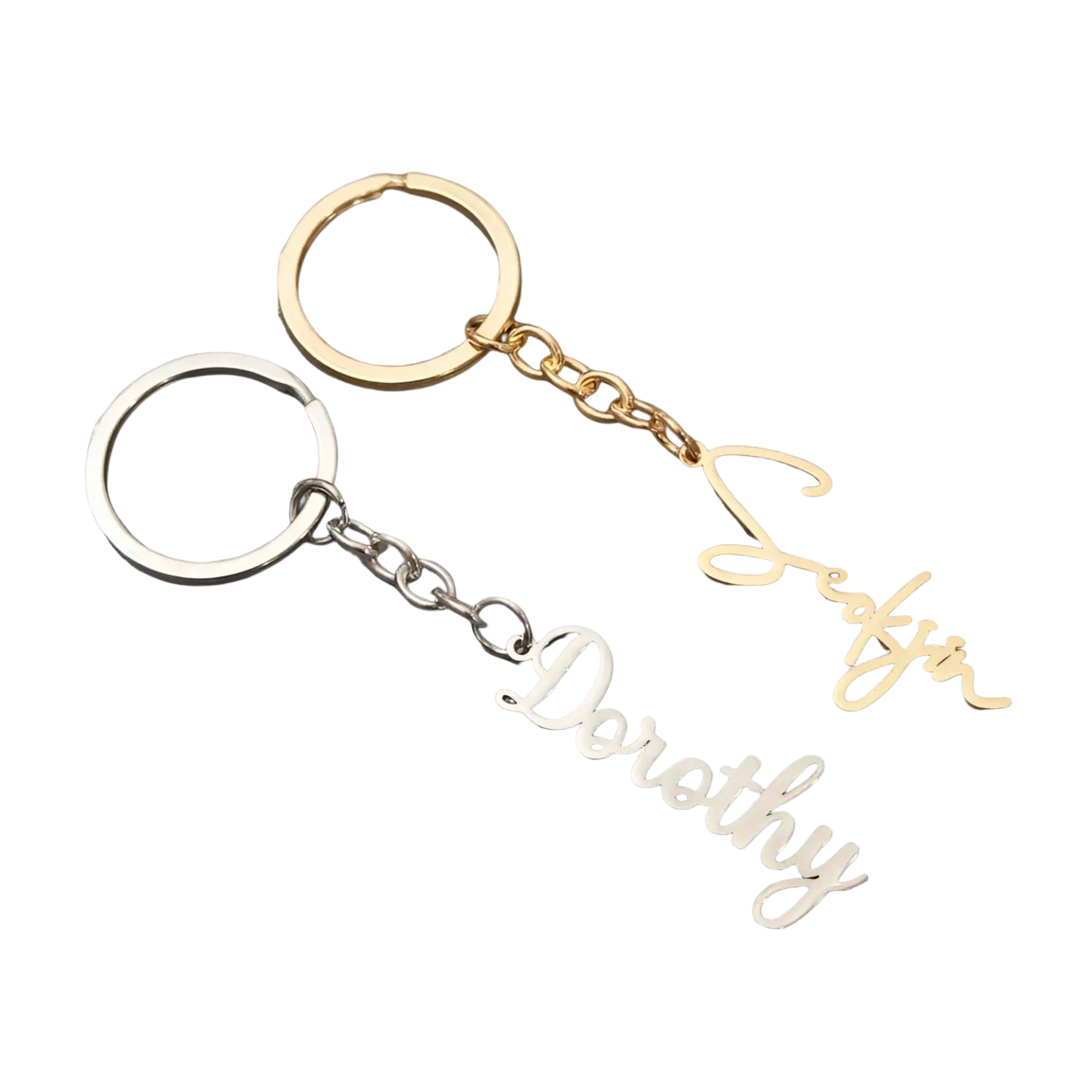 Customized name keychain set with silver dorothy and gold seafir personalized cursive metal charms on chains