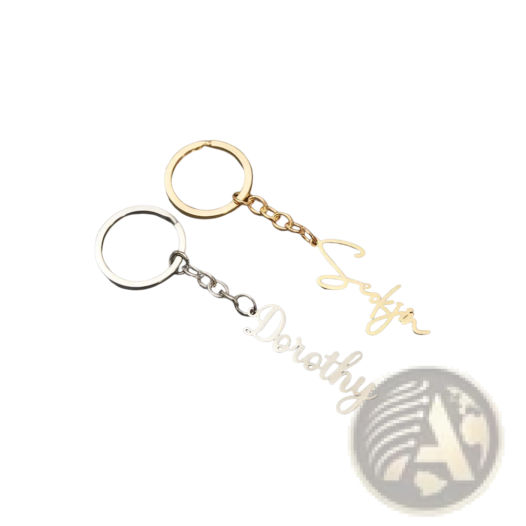 Customized name keychain set featuring two metallic silver and gold keychains with cursive names and chain link rings