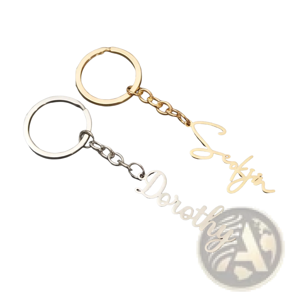 Customized name keychain set with silver dorothy and gold seafir personalized cursive metal charms on chains