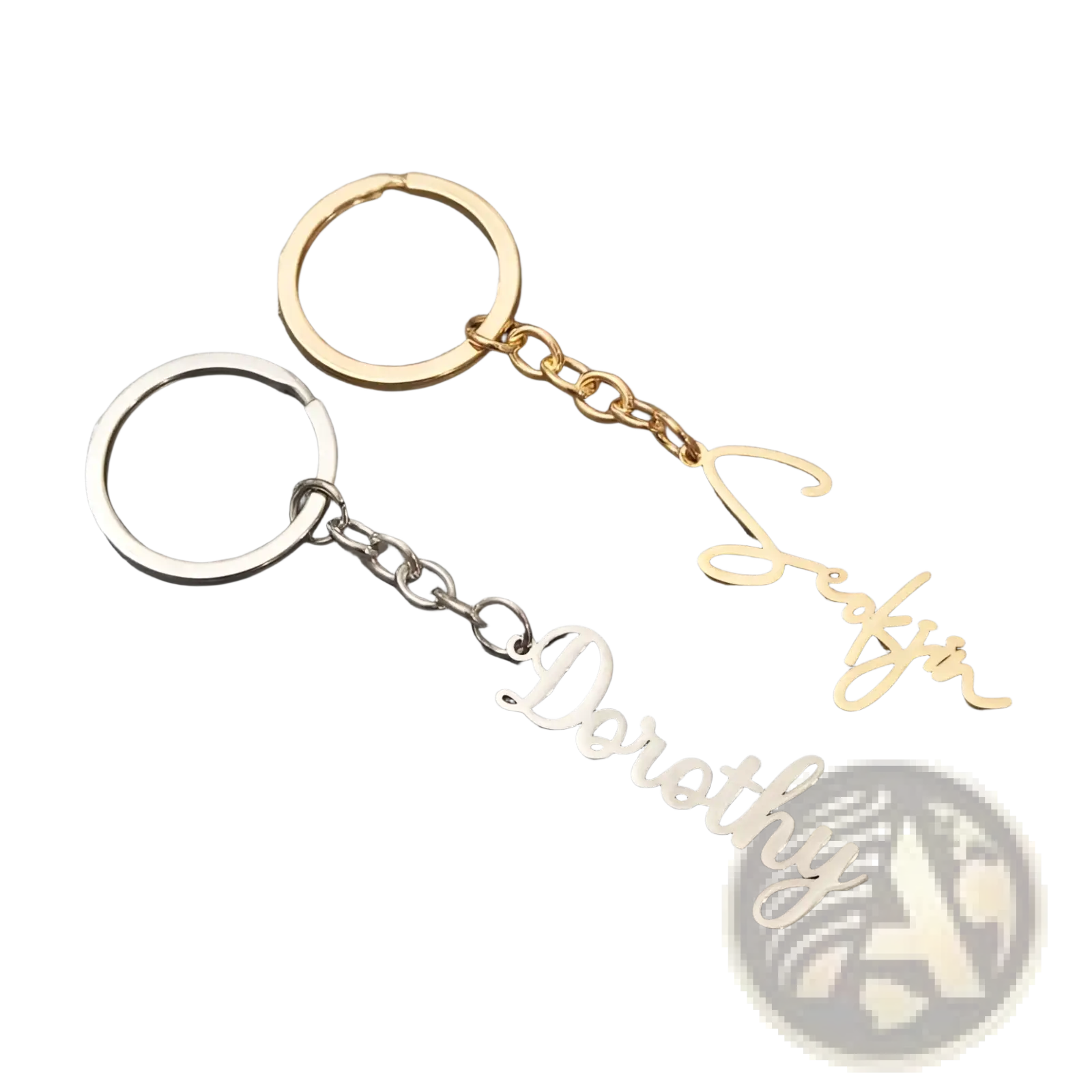 Customized name keychain set with silver dorothy and gold seafir personalized cursive metal charms on chains