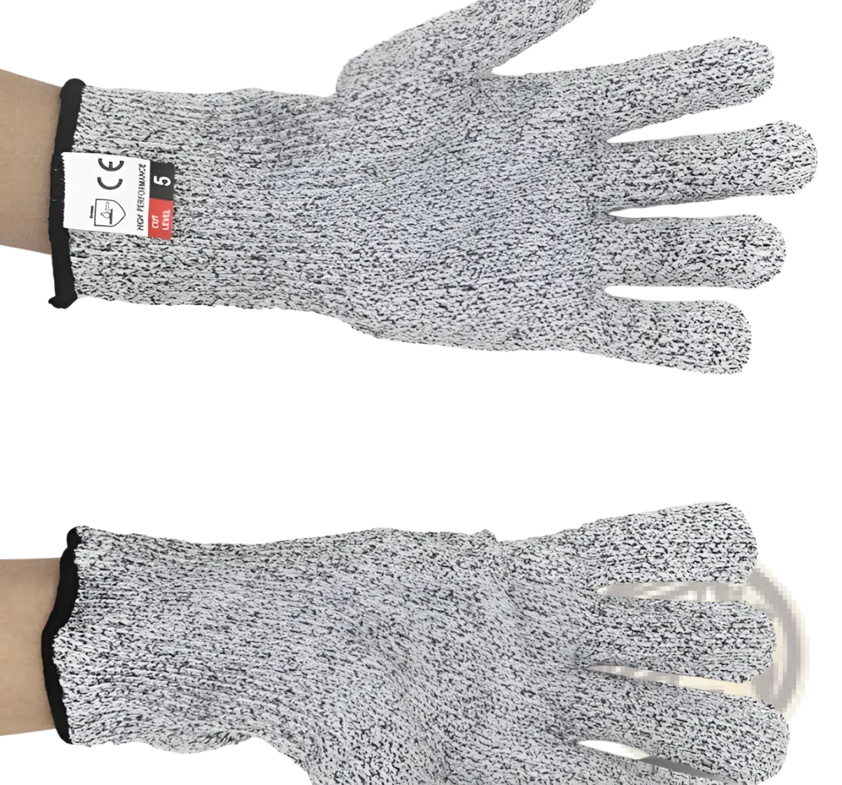 Gray and black speckled cut resistant work gloves with reinforced wristband made of HPPE safety material