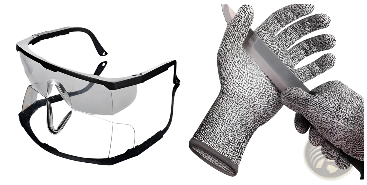 Black-framed safety goggles with clear lenses and adjustable nose bridge for cut resistant work gloves hppe safety gloves