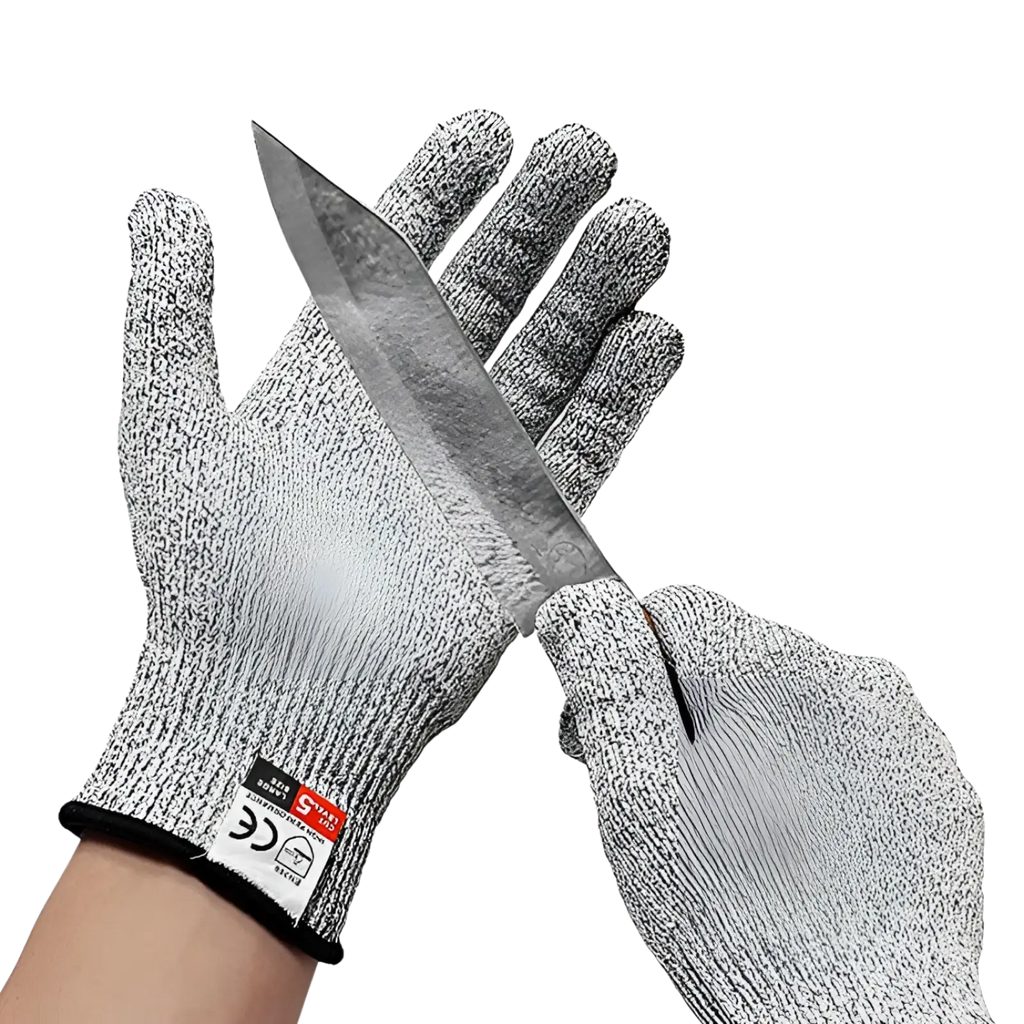 Gray and black textured cut resistant hppe safety gloves with reinforced wristband for cutting tasks shown from back side