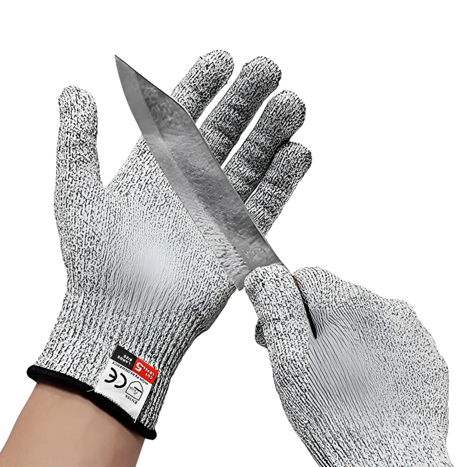Gray and black textured cut resistant hppe safety gloves with reinforced wristband for cutting tasks shown from back side