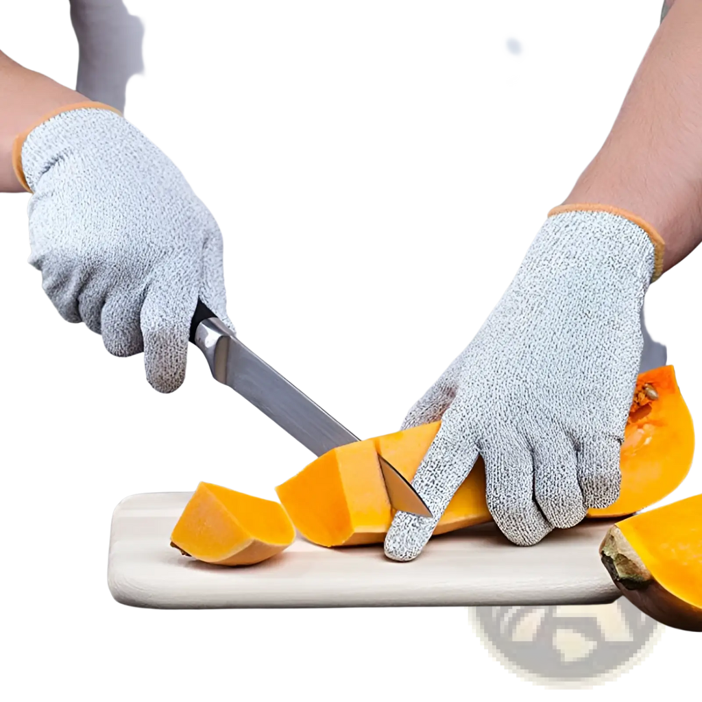 Gray textured cut resistant work gloves with orange trim made of hppe for enhanced safety in work environments
