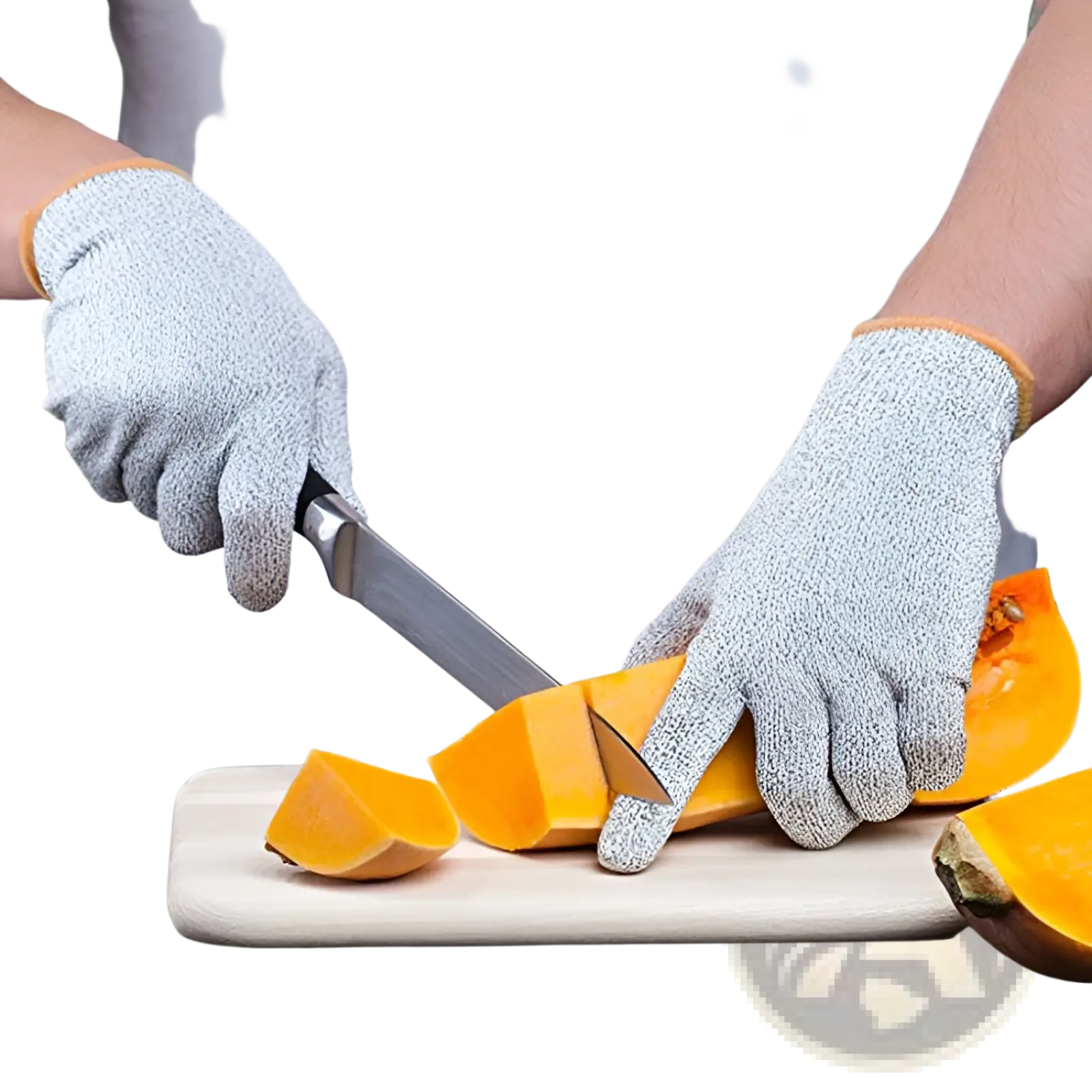 Gray textured cut resistant work gloves with orange trim made of hppe for enhanced safety in work environments