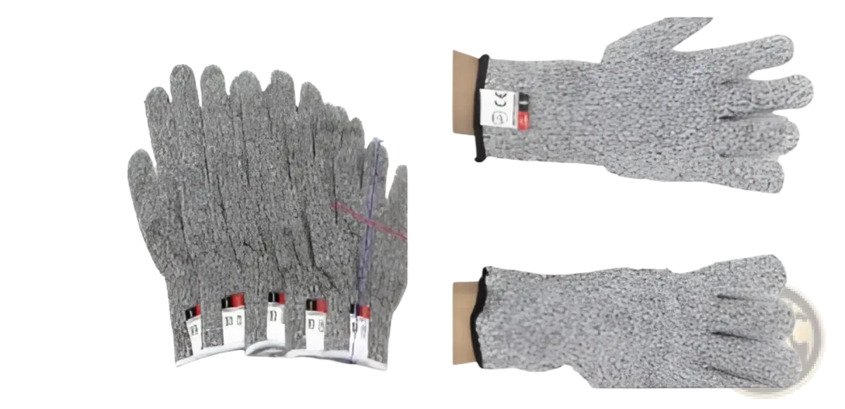 Gray textured cut resistant work gloves with reinforced fingertips and black trim for hppe safety tasks